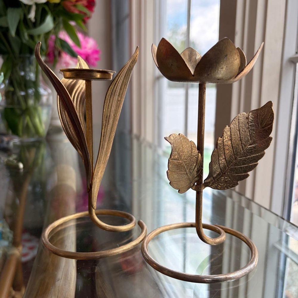 Vintage Avon Candle Holder Set Brass Flower Tulip Lotus Gold Toned
